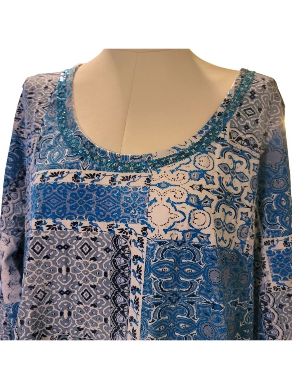 Cottagecore Blue Blouse Patchwork Sequin Accents 3/4 Sleeves 26/28 NWOT JJ3284